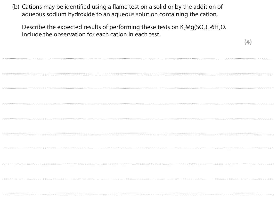 June 2023 AS Paper 1, question 2(b): Cations may be identified using a flame test on a solid or by the addition of aqueous sodium hydroxide to an aqueous solution containing the cation. Describe th