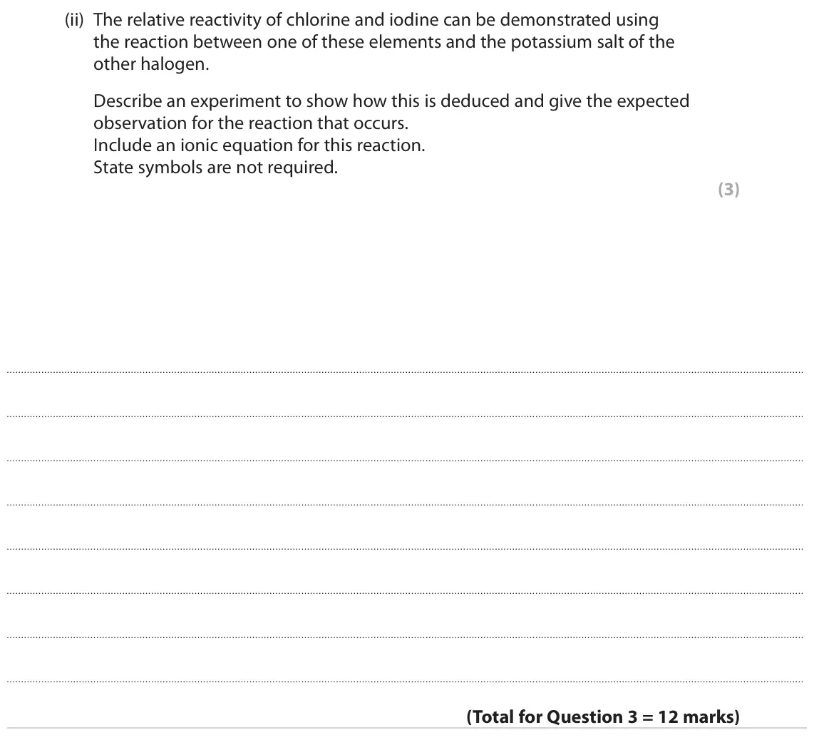 June 2023 AS Paper 1, question 3(b)(ii): The relative reactivity of chlorine and iodine can be demonstrated using the reaction between one of these elements and the potassium salt of the other halogen.