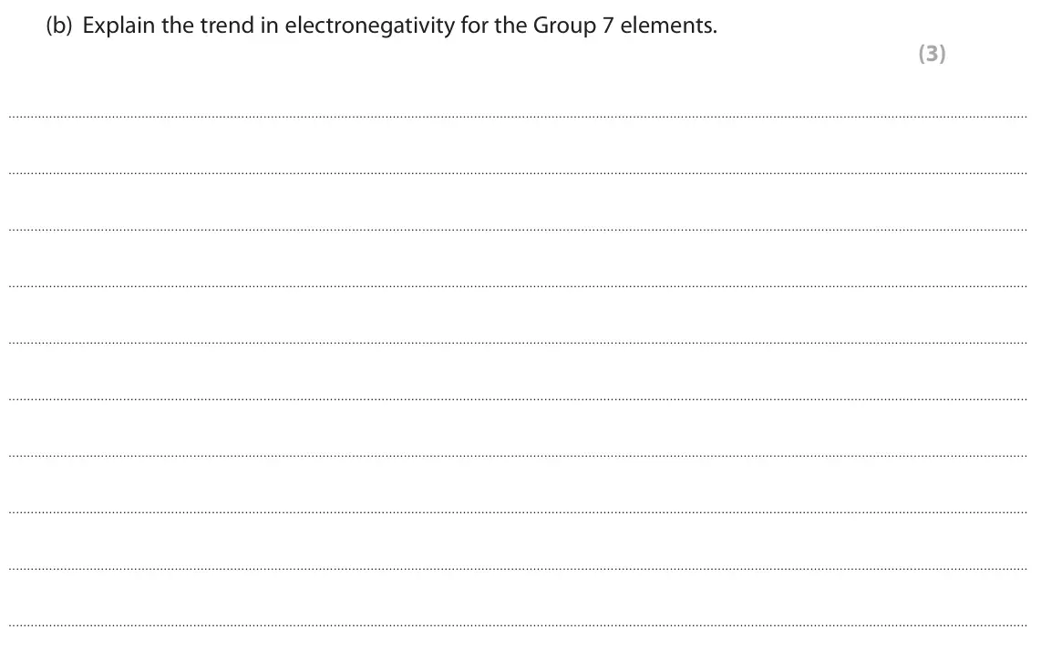 June 2023 AS Paper 1, question 5(b): Explain the trend in electronegativity for the Group 7 elements. (3)