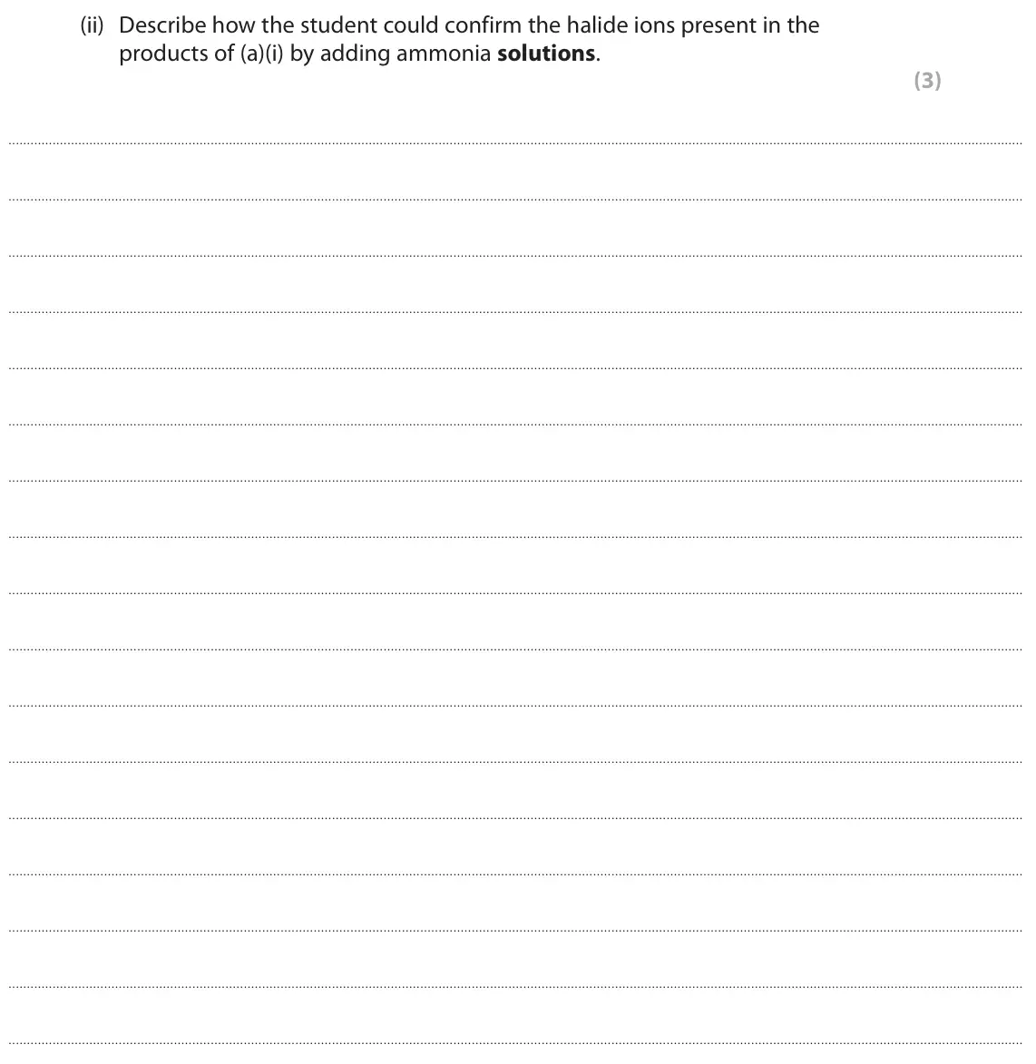June 2024 AS Paper 1, question 4(a)(ii): Describe how the student could confirm the halide ions present in the products of (a)(i) by adding ammonia solutions. (3)
