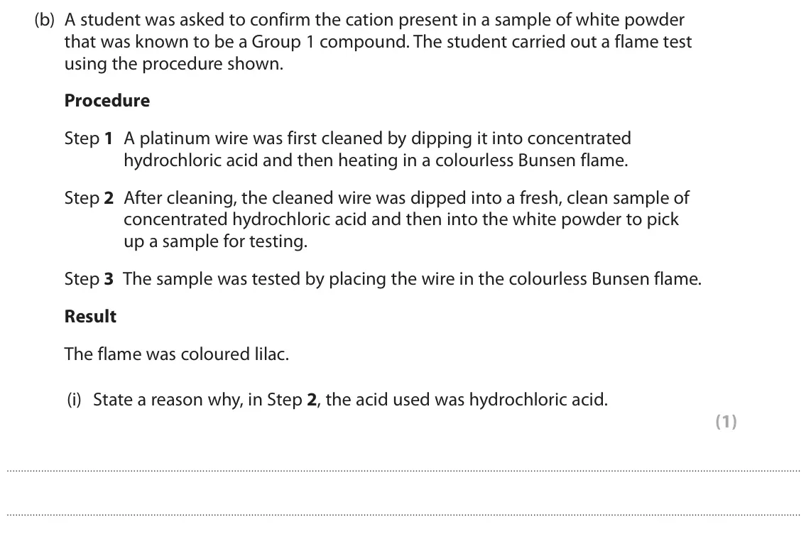 June 2024 AS Paper 1, question 7(b)(i): State a reason why, in Step 2, the acid used was hydrochloric acid. (1)