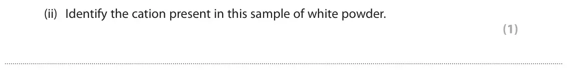 June 2024 AS Paper 1, question 7(b)(ii): Identify the cation present in this sample of white powder. (1)
