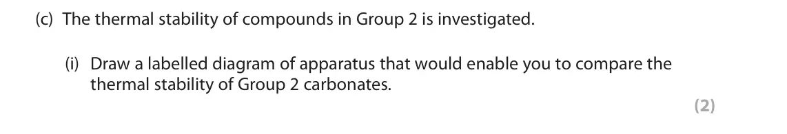 June 2024 AS Paper 1, question 7(c)(i): Draw a labelled diagram of apparatus that would enable you to compare the thermal stability of Group 2 carbonates. (2)