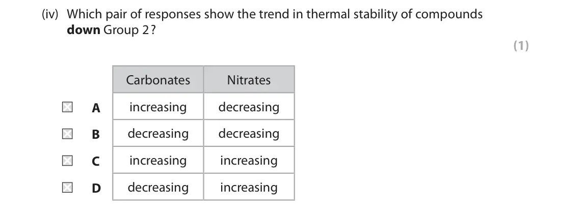 June 2024 AS Paper 1, question 7(c)(iv): Which pair of responses show the trend in thermal stability of compounds down Group 2 ? (1) Carbonates Nitrates increasing decreasing A decreasing decreasing B