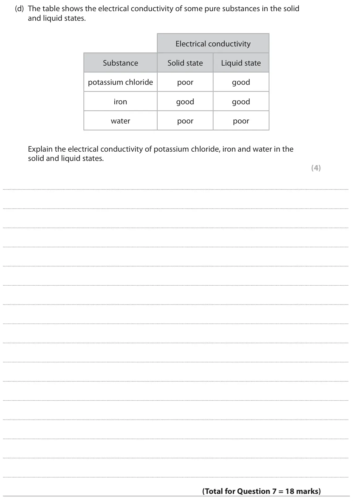 June 2024 AS Paper 1, question 7(d): The table shows the electrical conductivity of some pure substances in the solid and liquid states. Electrical conductivity Substance Solid state Liquid state p