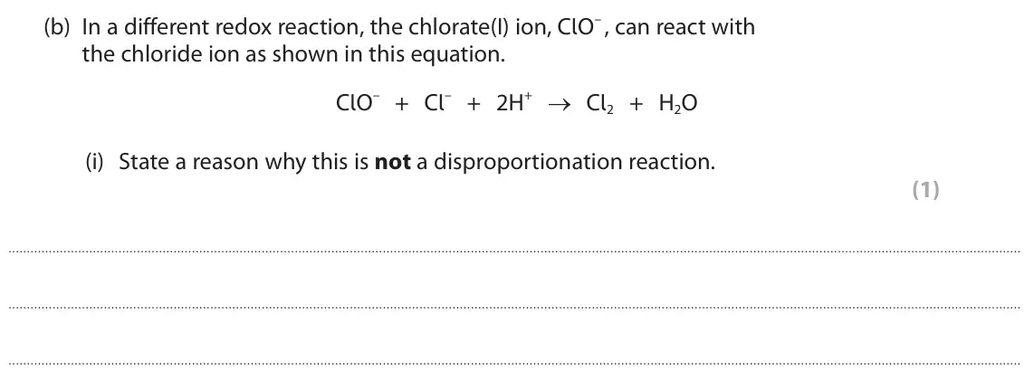June 2024 AS Paper 1, question 9(b)(i): State a reason why this is not a disproportionation reaction. (1)