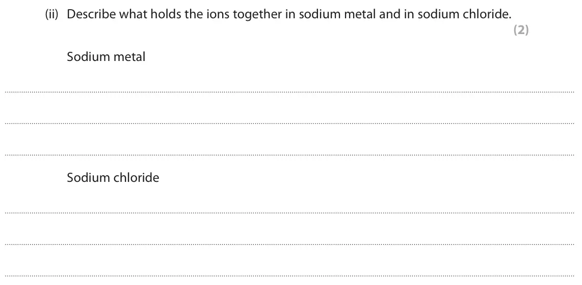 June 2025 AS Paper 1, question 2(a)(ii): Describe what holds the ions together in sodium metal and in sodium chloride. (2) Sodium metal Sodium chloride