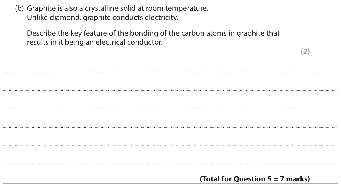 November 2021 AS Paper 1, question 5(b): Graphite is also a crystalline solid at room temperature. Unlike diamond, graphite conducts electricity. Describe the key feature of the bonding of the carbon a