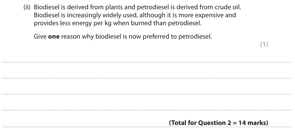 June 2023 AS Paper 2, question 2(c)(ii): Biodiesel is derived from plants and petrodiesel is derived from crude oil. Biodiesel is increasingly widely used, although it is more expensive and provides le