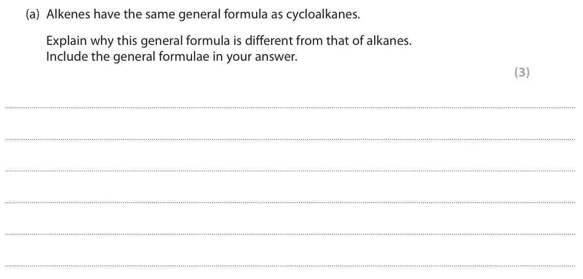 June 2023 AS Paper 2, question 3(a): Alkenes have the same general formula as cycloalkanes. Explain why this general formula is different from that of alkanes. Include the general formulae in your 