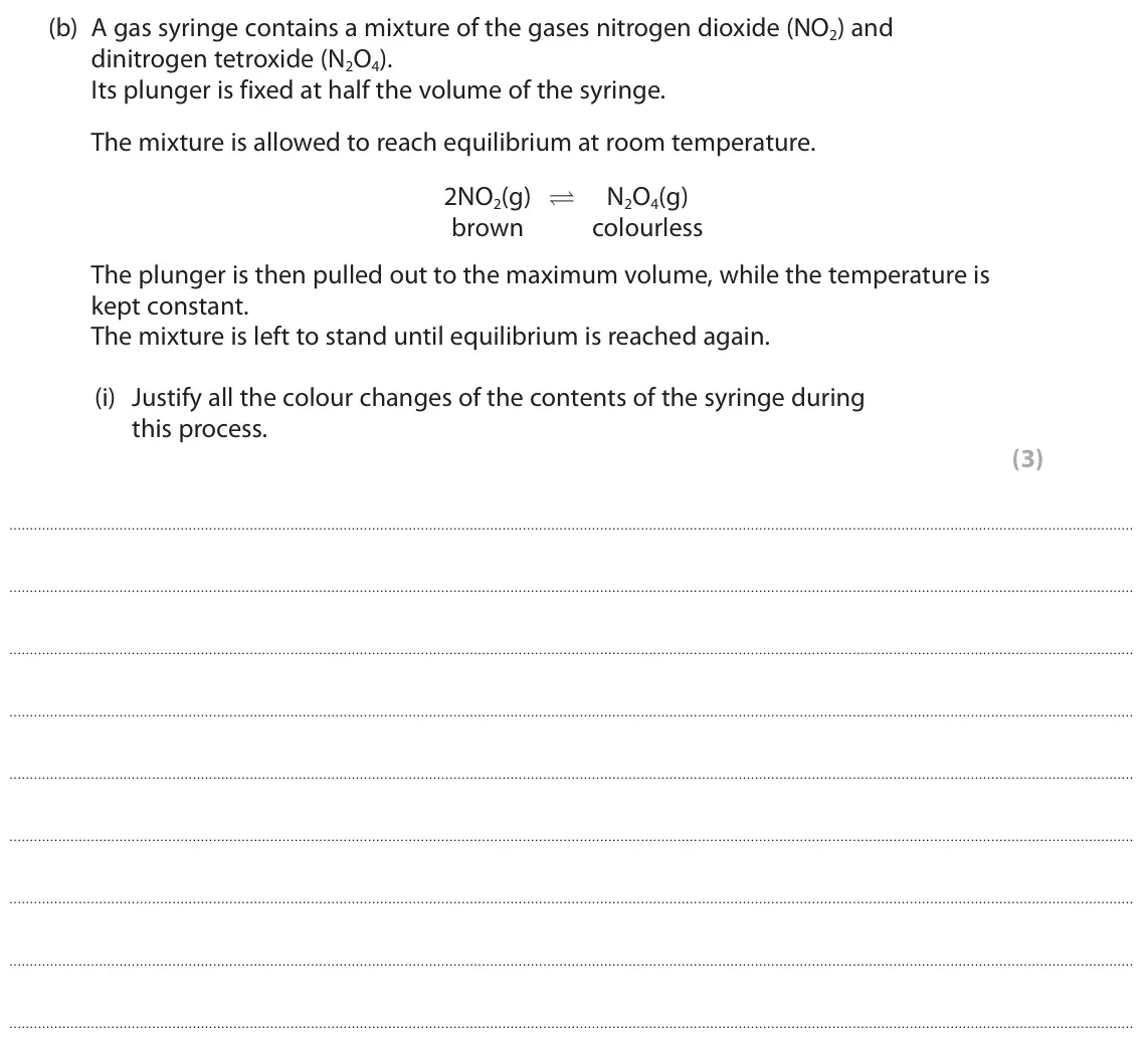 June 2024 AS Paper 2, question 2(b)(i): Justify all the colour changes of the contents of the syringe during this process. (3)