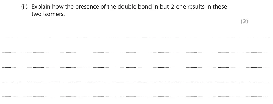 June 2024 AS Paper 2, question 3(c)(ii): Explain how the presence of the double bond in but‑2‑ene results in these two isomers. (2)