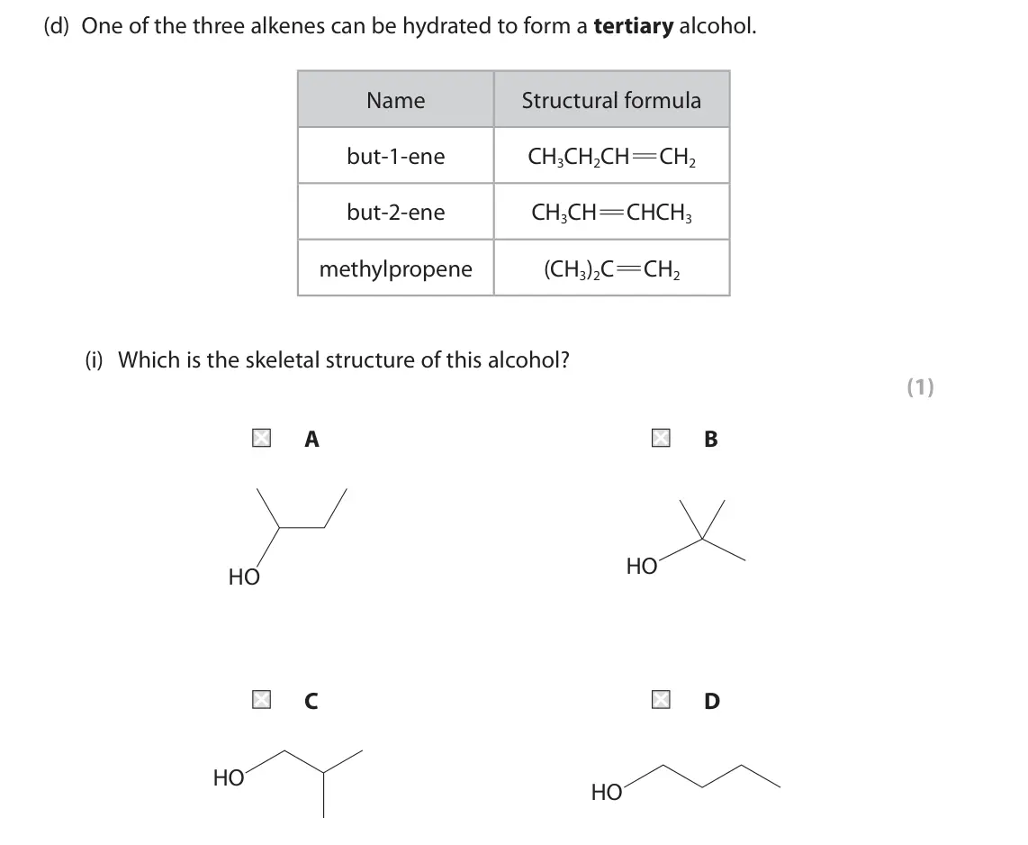 June 2024 AS Paper 2, question 3(d)(i): Which is the skeletal structure of this alcohol? (1) A B HO HO C D HO HO