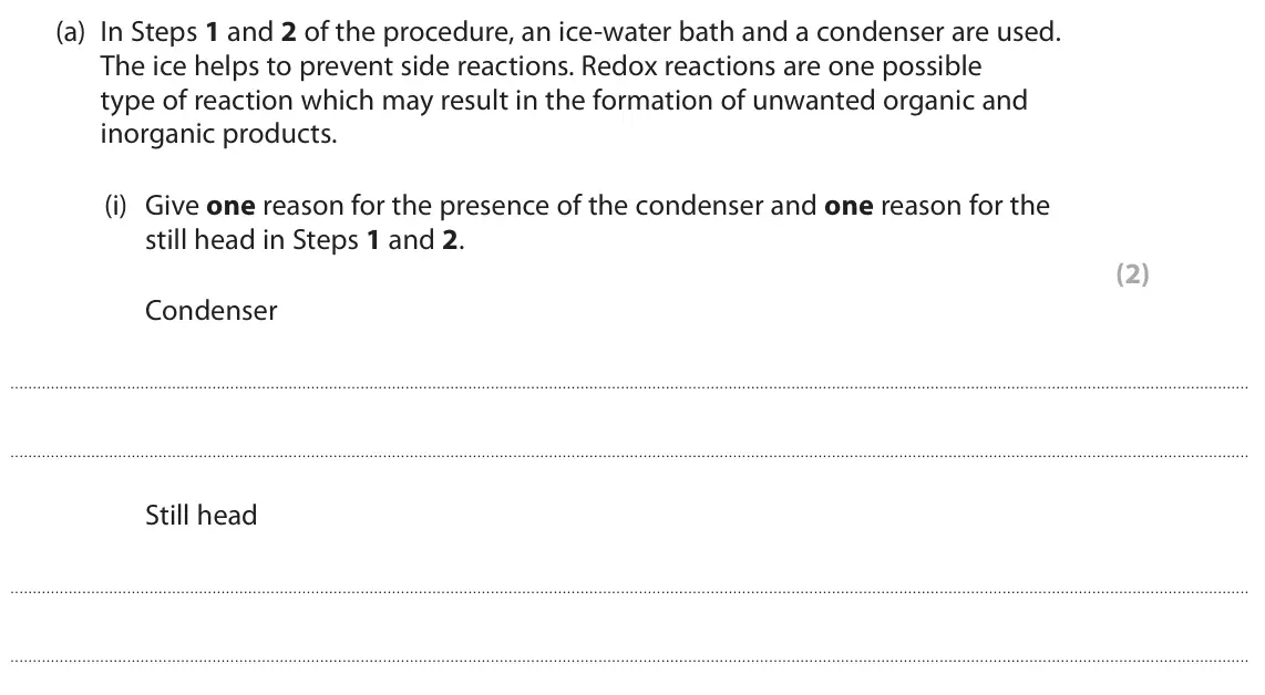 June 2024 AS Paper 2, question 5(a)(i): In Steps 1 and 2 of the procedure, an ice‑water bath and a condenser are used. The ice helps to prevent side reacti