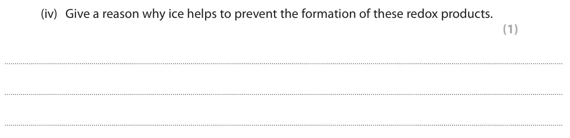 June 2024 AS Paper 2, question 5(a)(iv): Give a reason why ice helps to prevent the formation of these redox products. (1)