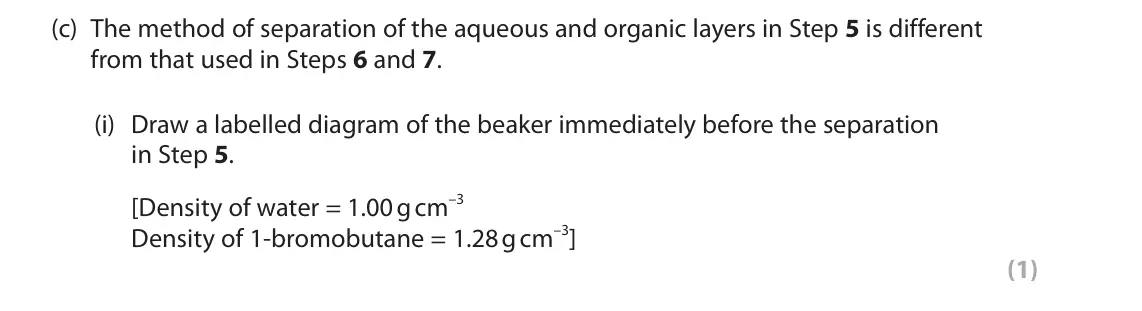 June 2024 AS Paper 2, question 5(c)(i): The method of separation of the aqueous and organic layers in Step 5 is different from that used in Steps 6 and 7.