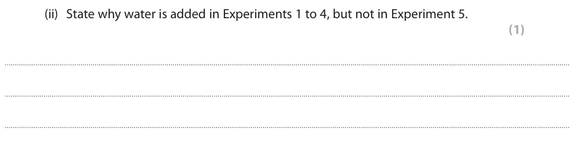 June 2024 AS Paper 2, question 6(b)(ii): State why water is added in Experiments 1 to 4, but not in Experiment 5. (1)