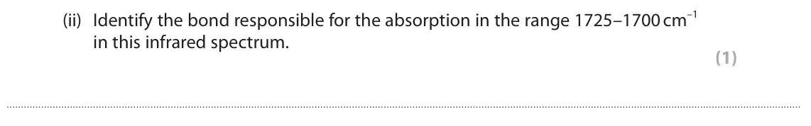 June 2025 AS Paper 2, question 5(b)(ii): Identify the bond responsible for the absorption in the range 1725–1700 cm–1 in this infrared spectrum. (1)