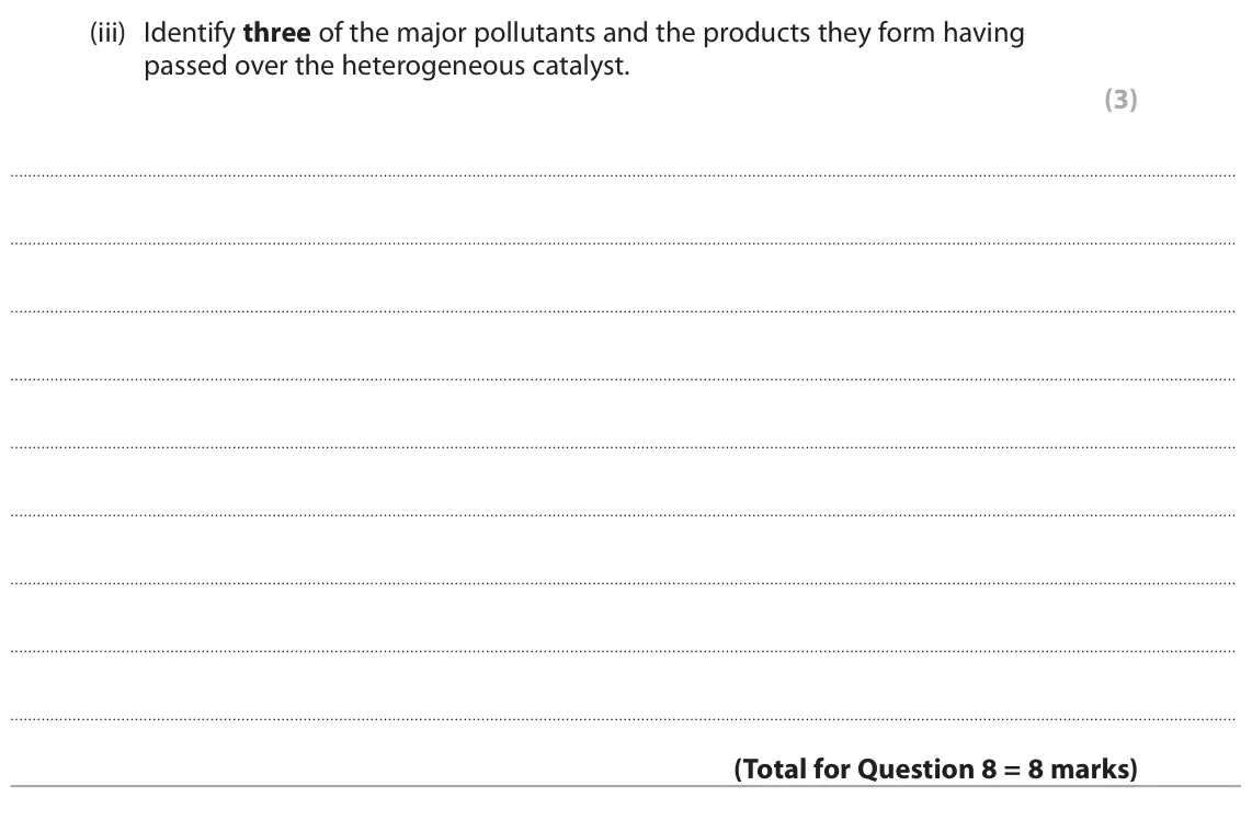 June 2025 AS Paper 2, question 8(b)(iii): Identify three of the major pollutants and the products they form having passed over the heterogeneous catalyst. (3)
