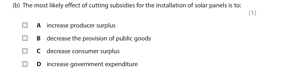 June 2017 AS Paper 1, question 3(b): The most likely effect of cutting subsidies for the installation of solar panels is to: (1) A increase producer surplus B decrease the provision of public goods