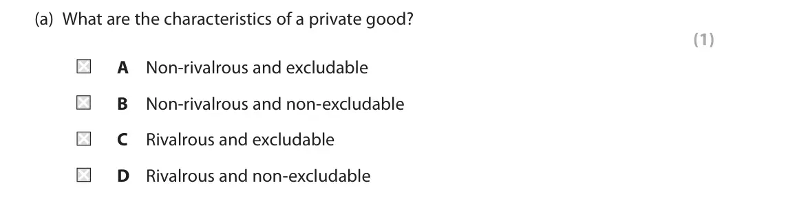 June 2022 AS Paper 1, question 1(a): What are the characteristics of a private good? (1) A Non-rivalrous and excludable B Non-rivalrous and non-excludable C Rivalrous and excludable D Rivalrous and
