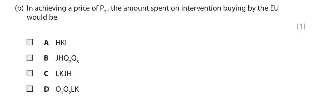 June 2022 AS Paper 1, question 2(b): In achieving a price of P2 , the amount spent on intervention buying by the EU would be (1) A HKL B JHQ2Q3 C LKJH D Q1Q2LK 2 The Common Agricultural Policy (CAP
