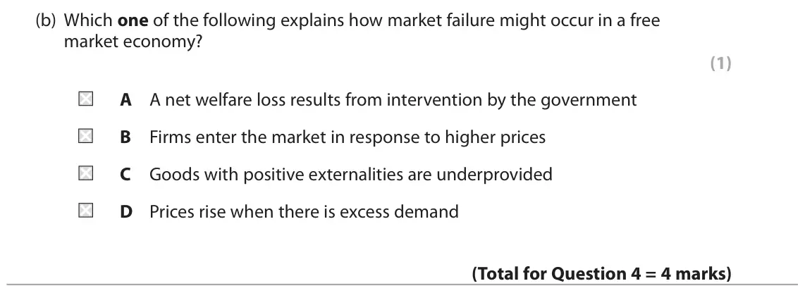 June 2022 AS Paper 1, question 4(b): Which one of the following explains how market failure might occur in a free market economy? (1) A A net welfare loss results from intervention by the governmen