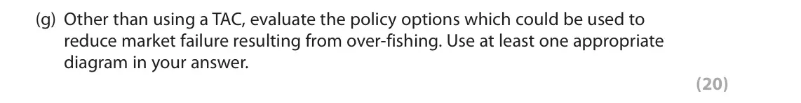 June 2022 AS Paper 1, question 6(g): Other than using a TAC, evaluate the policy options which could be used to reduce market failure resulting from over-fishing. Use at least one appropriate diagr