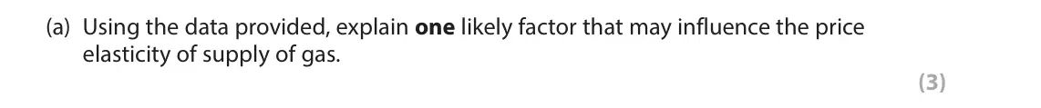 June 2023 AS Paper 1, question 2(a): Using the data provided, explain one likely factor that may influence the price elasticity of supply of gas. (3) 2 The world’s largest producer of natural gas i
