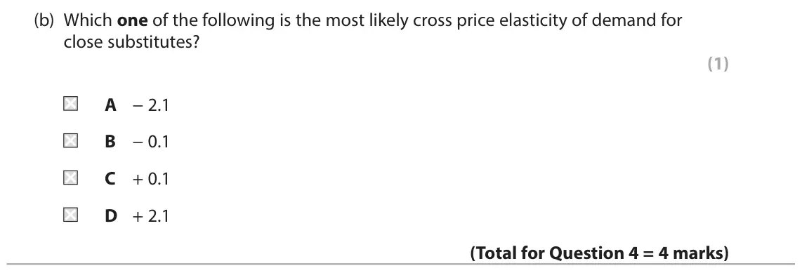 June 2023 AS Paper 1, question 4(b): Which one of the following is the most likely cross price elasticity of demand for close substitutes? (1) A − 2.1 B − 0.1 C + 0.1 D + 2.1 4 During 2021 the UK e