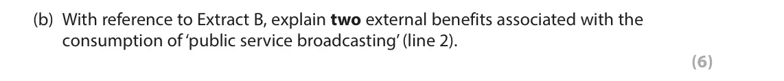 June 2023 AS Paper 1, question 6(b): With reference to Extract B, explain two external benefits associated with the consumption of ‘public service broadcasting’ (line 2). (6) Read Figures 1 and 2 a