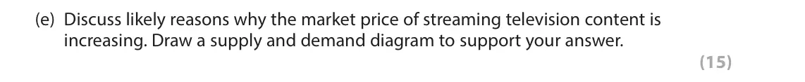 June 2023 AS Paper 1, question 6(e): Discuss likely reasons why the market price of streaming television content is increasing. Draw a supply and demand diagram to support your answer. (15) Read Fi