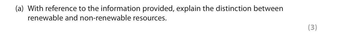 June 2024 AS Paper 1, question 1(a): With reference to the information provided, explain the distinction between renewable and non‑renewable resources. (3) 1 Scarcity of non‑renewable resources, su