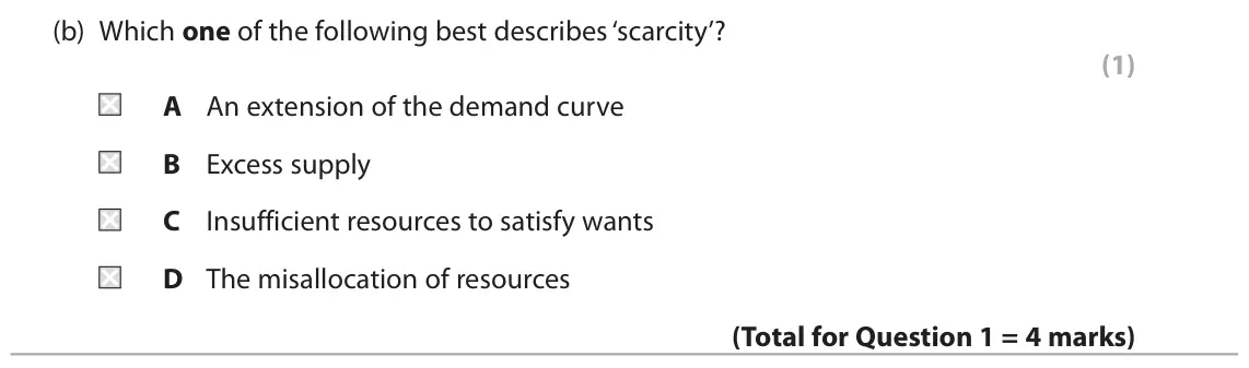 June 2024 AS Paper 1, question 1(b): Which one of the following best describes ‘scarcity’? (1) A An extension of the demand curve B Excess supply C Insufficient resources to satisfy wants D The mis