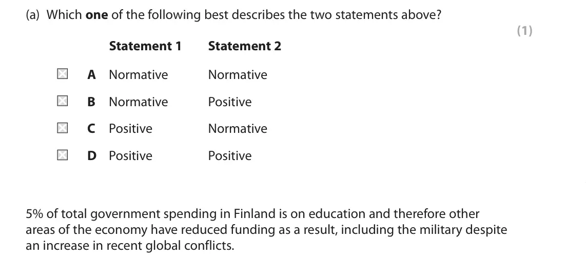 June 2024 AS Paper 1, question 4(a): Which one of the following best describes the two statements above? (1) Statement 1 Statement 2 A Normative Normative B Normative Positive C Positive Normative 
