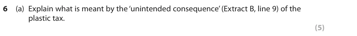 June 2024 AS Paper 1, question 6(a): Explain what is meant by the ‘unintended consequence’ (Extract B, line 9) of the plastic tax. (5) Read Figure 1 and the following extracts (A, B and C) before a