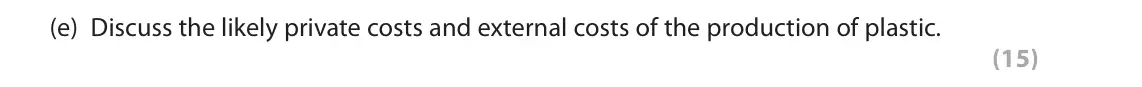 June 2024 AS Paper 1, question 6(e): Discuss the likely private costs and external costs of the production of plastic. (15) Read Figure 1 and the following extracts (A, B and C) before answering Qu