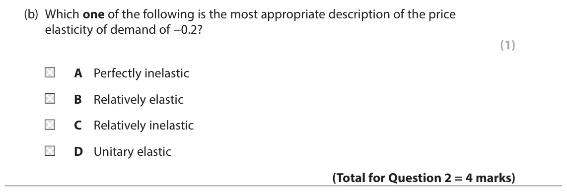 June 2025 AS Paper 1, question 2(b): Which one of the following is the most appropriate description of the price elasticity of demand of −0.2? (1) A Perfectly inelastic B Relatively elastic C Relat