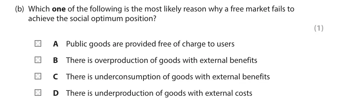 June 2025 AS Paper 1, question 3(b): Which one of the following is the most likely reason why a free market fails to achieve the social optimum position? (1) A Public goods are provided free of cha