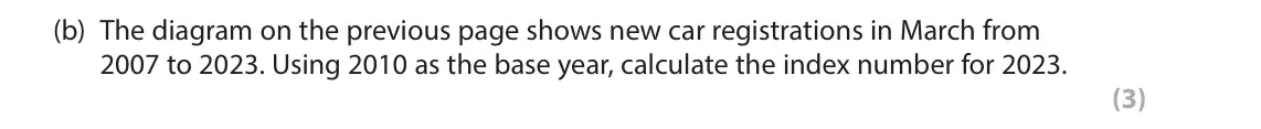 June 2025 AS Paper 1, question 5(b): The diagram on the previous page shows new car registrations in March from 2007 to 2023. Using 2010 as the base year, calculate the index number for 2023. (3) 5