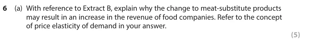 June 2025 AS Paper 1, question 6(a): With reference to Extract B, explain why the change to meat-substitute products may result in an increase in the revenue of food companies. Refer to the concept