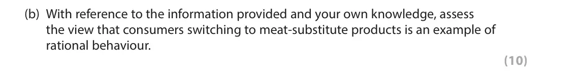 June 2025 AS Paper 1, question 6(b): With reference to the information provided and your own knowledge, assess the view that consumers switching to meat-substitute products is an example of rationa