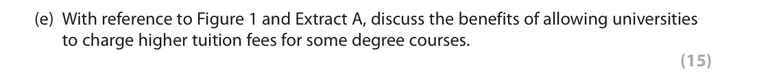 October 2020 AS Paper 1, question 6(e): With reference to Figure 1 and Extract A, discuss the benefits of allowing universities to charge higher tuition fees for some degree courses. (15) Read Figures