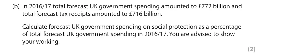 June 2018 AS Paper 2, question 5(b): In 2016/17 total forecast UK government spending amounted to £772 billion and total forecast tax receipts amounted to £716 billion. Calculate forecast UK govern