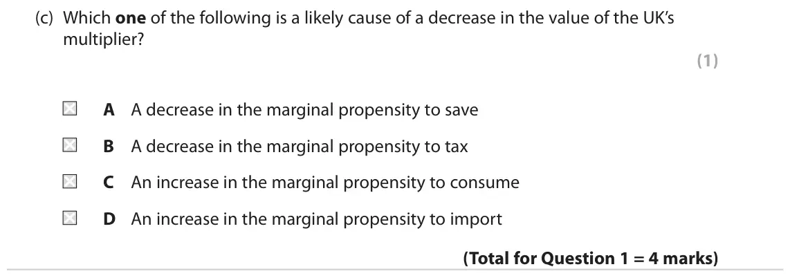 June 2019 AS Paper 2, question 1(c): Which one of the following is a likely cause of a decrease in the value of the UK’s multiplier? (1) A A decrease in the marginal propensity to save B A decrease