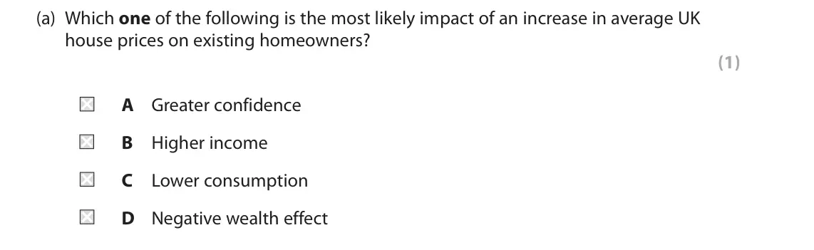 June 2019 AS Paper 2, question 5(a): Which one of the following is the most likely impact of an increase in average UK house prices on existing homeowners? (1) A Greater confidence B Higher income 