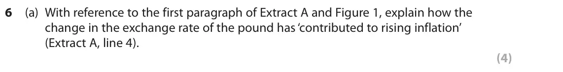 June 2019 AS Paper 2, question 6(a): With reference to the first paragraph of Extract A and Figure 1, explain how the change in the exchange rate of the pound has ‘contributed to rising inflation’