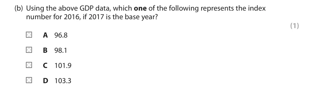 June 2022 AS Paper 2, question 2(b): Using the above GDP data, which one of the following represents the index number for 2016, if 2017 is the base year? (1) A 96.8 B 98.1 C 101.9 D 103.3 2 The tab