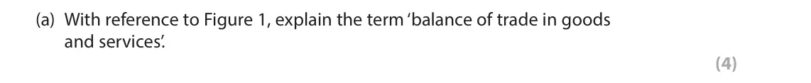 June 2023 AS Paper 2, question 6(a): With reference to Figure 1, explain the term ‘balance of trade in goods and services’. . (4) Read Figures 1 and 2 below and Extracts A and B before answering Qu