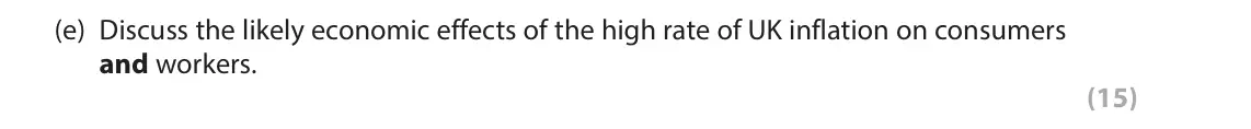 June 2023 AS Paper 2, question 6(e): Discuss the likely economic effects of the high rate of UK inflation on consumers and workers. . (15) Read Figures 1 and 2 below and Extracts A and B before ans